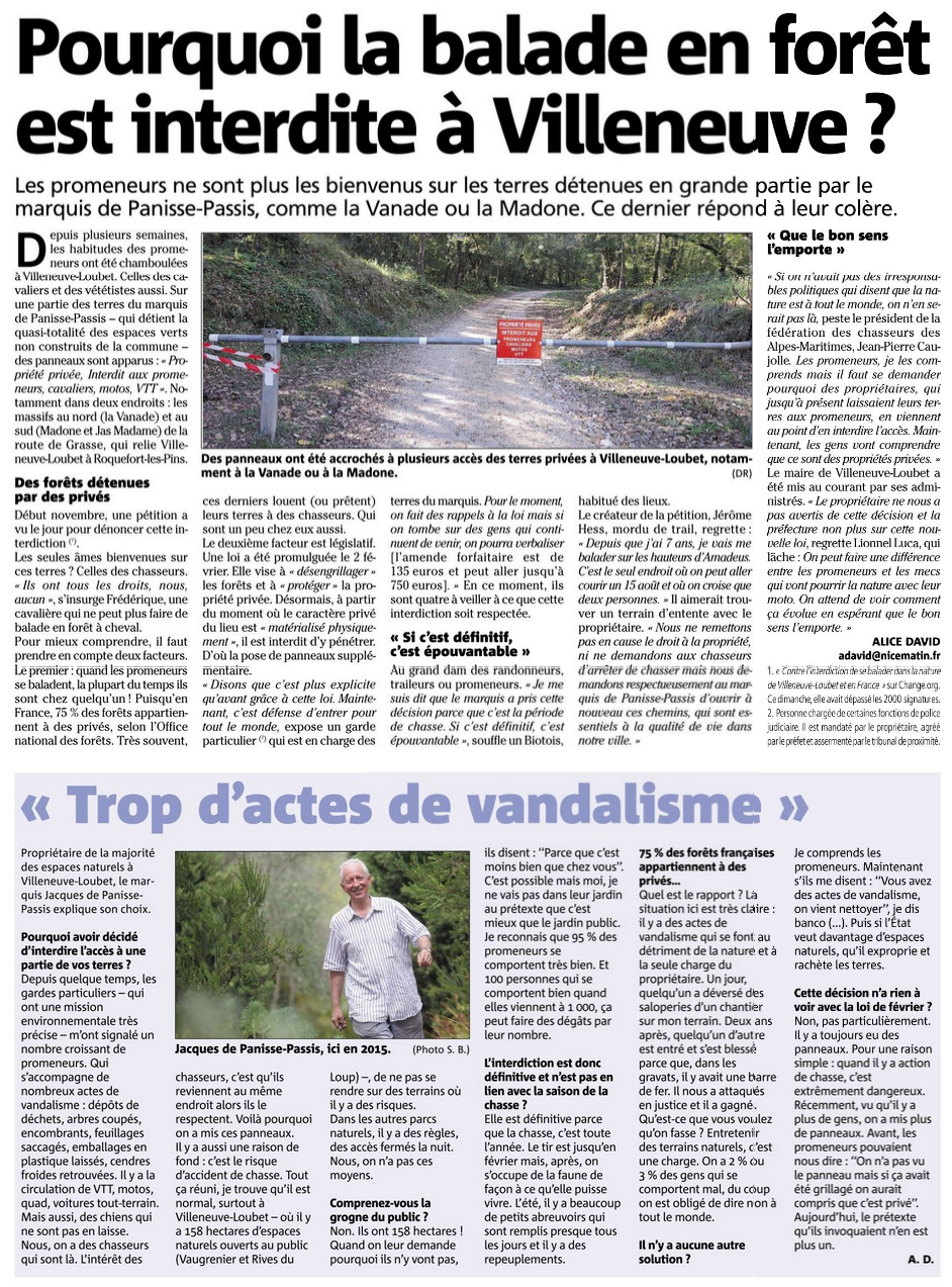 Article Nice-Matin - Pourquoi la balade en forêt est interdite à Villeneuve-Loubet sur la Côte d'Azur